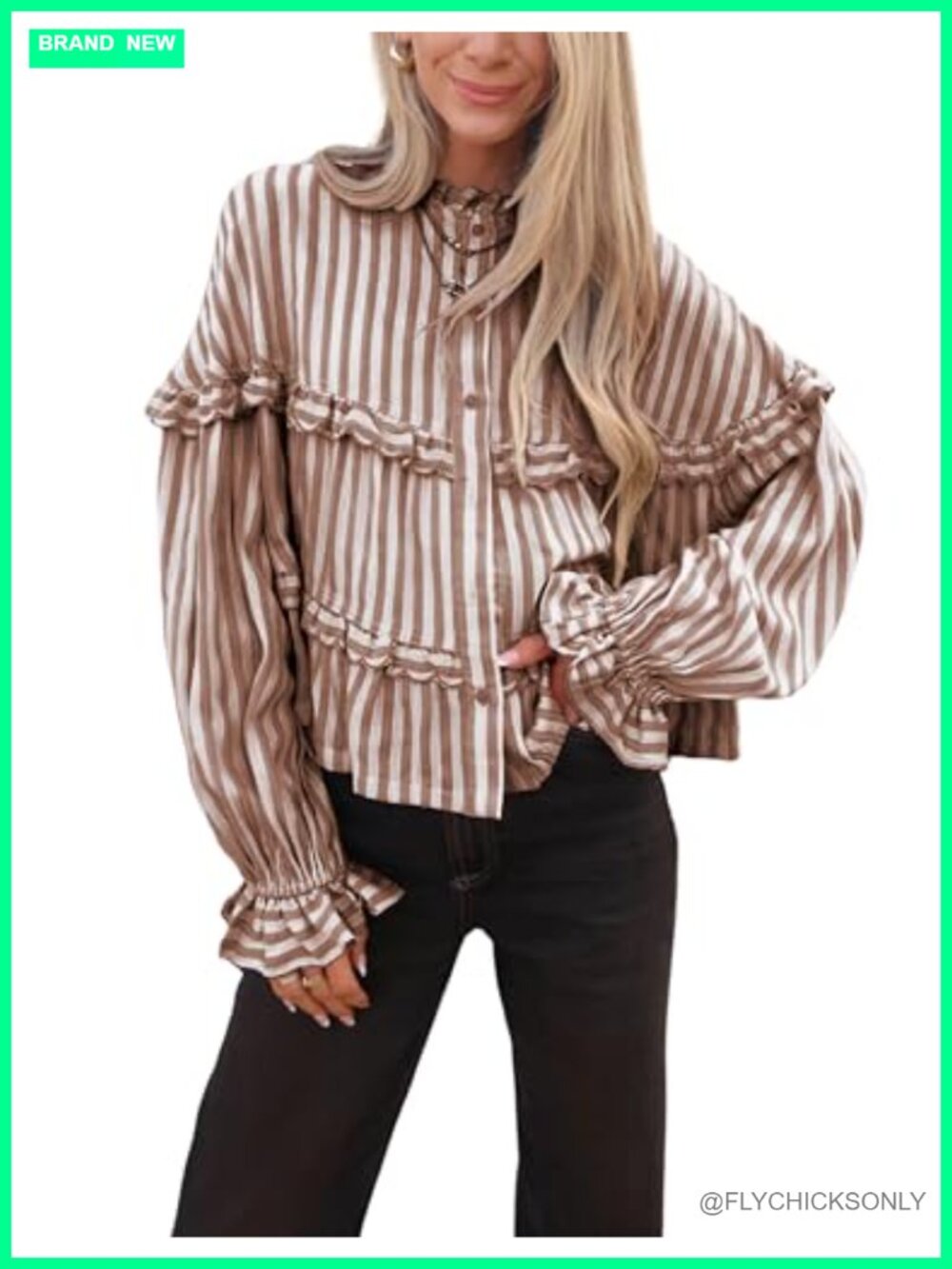 Tanming Womens Striped Button Down Blouse Ruffle Puff Sleeve Casual Top